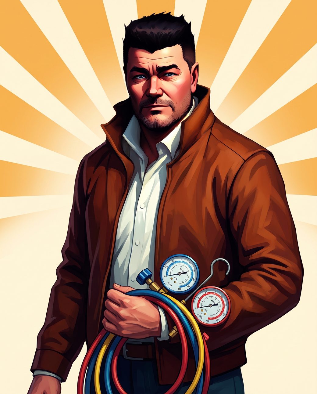 Tony, the OG of HVAC, in his brown jacket holding a refrigerant gauge set