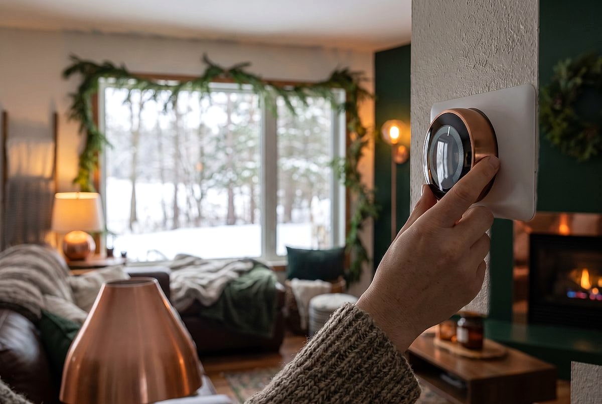 A homeowner adjusting a smart thermostat