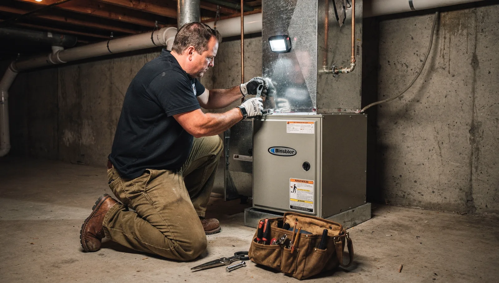 HVAC technician using a hand seamer tool to install sheet metal ductwork on a new basement furnace and AC unit.