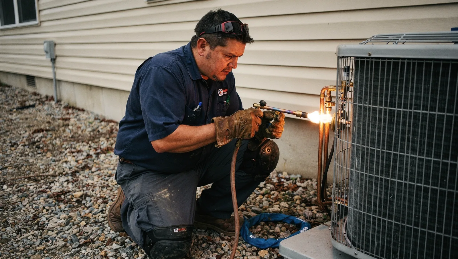Technician brazing a copper pipe on an outdoor air conditioner unit with a torch beside a house.