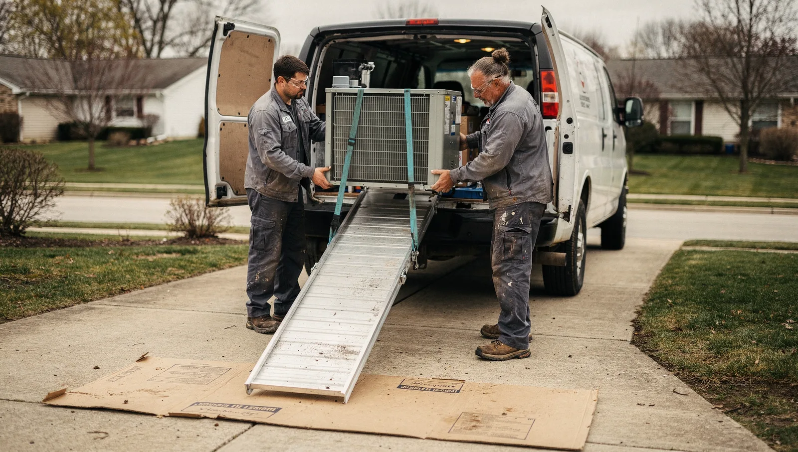 Two HVAC technicians unloading a new air conditioner condenser and evaporator coil from a service van.