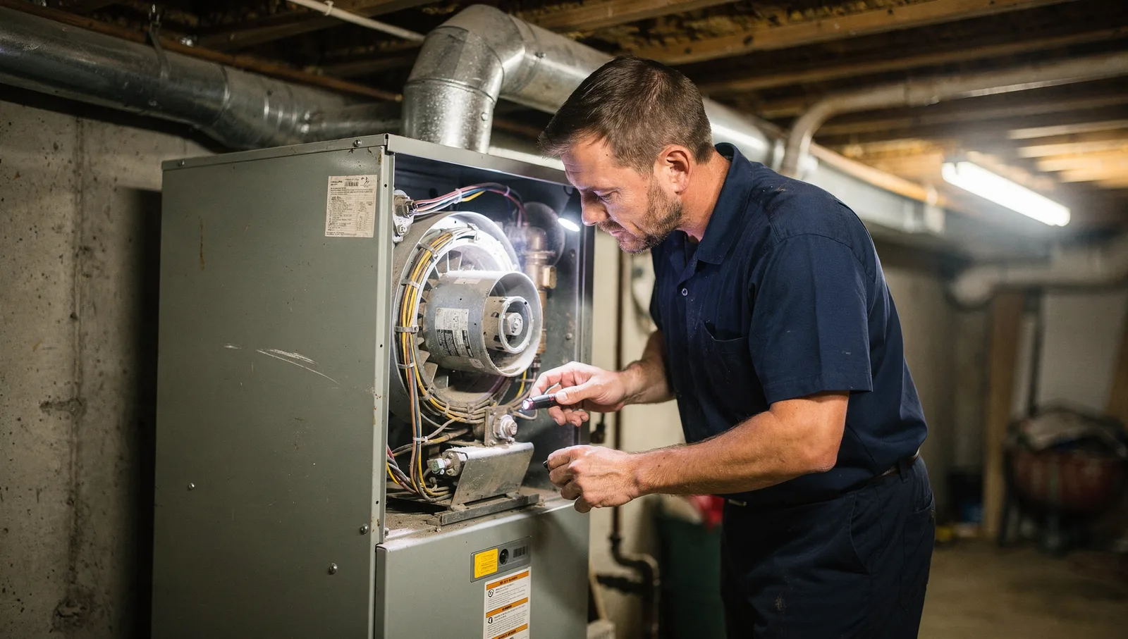 HVAC technician using a penlight to inspect the blower motor and wiring inside an open furnace cabinet in a basement.