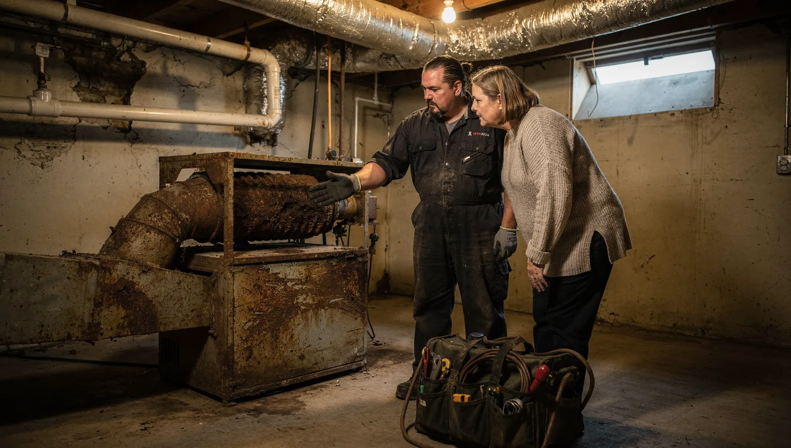 An HVAC technician in a basement shows a homeowner a corroded, rusted heat exchanger during an inspection.