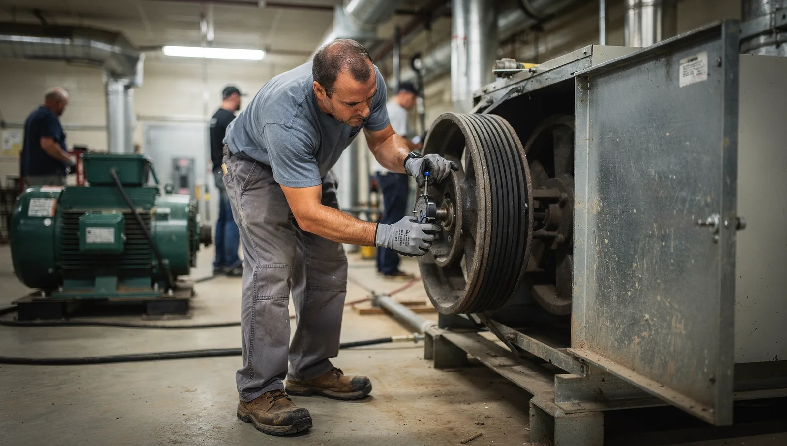 HVAC technician using a mechanical gauge to inspect the drive belt tension on an industrial air handling unit.